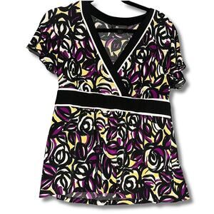VTG Y2K Abstract Floral Empire Waist Blouse XXL (19) Wrap V-Neck Top